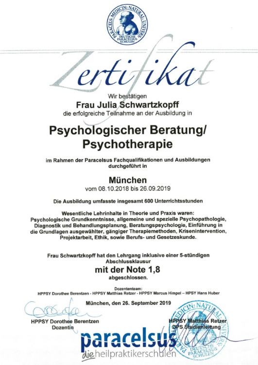 Zertifikat Psychologische Beratung / Psychotherapie